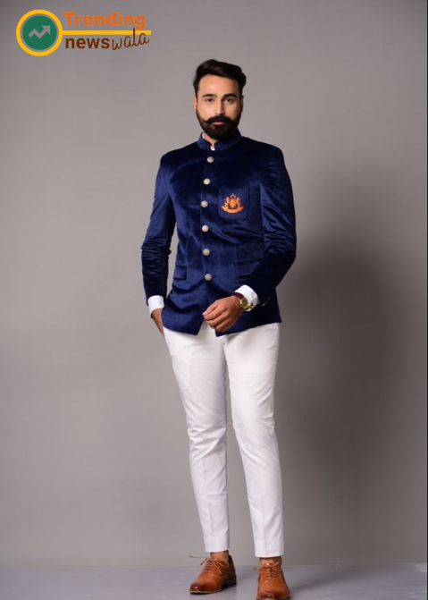The navy blue velvet Jodhpuri suit