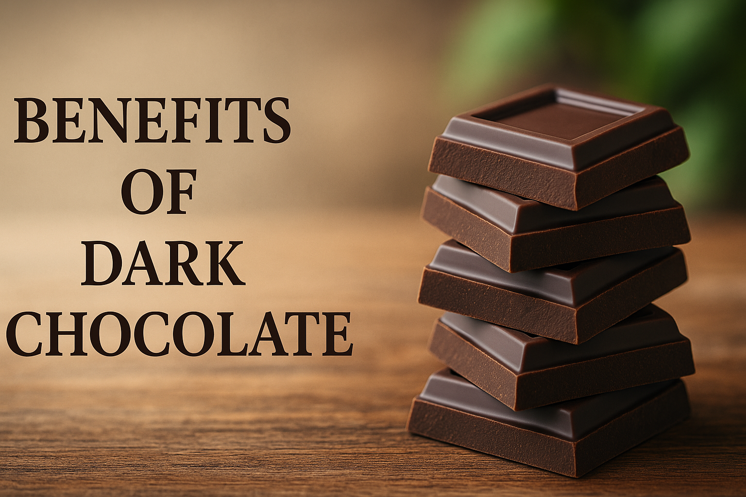 Stack of dark chocolate squares on a wooden table with "Benefits of Dark Chocolate" text in Lora font and shadow effect.