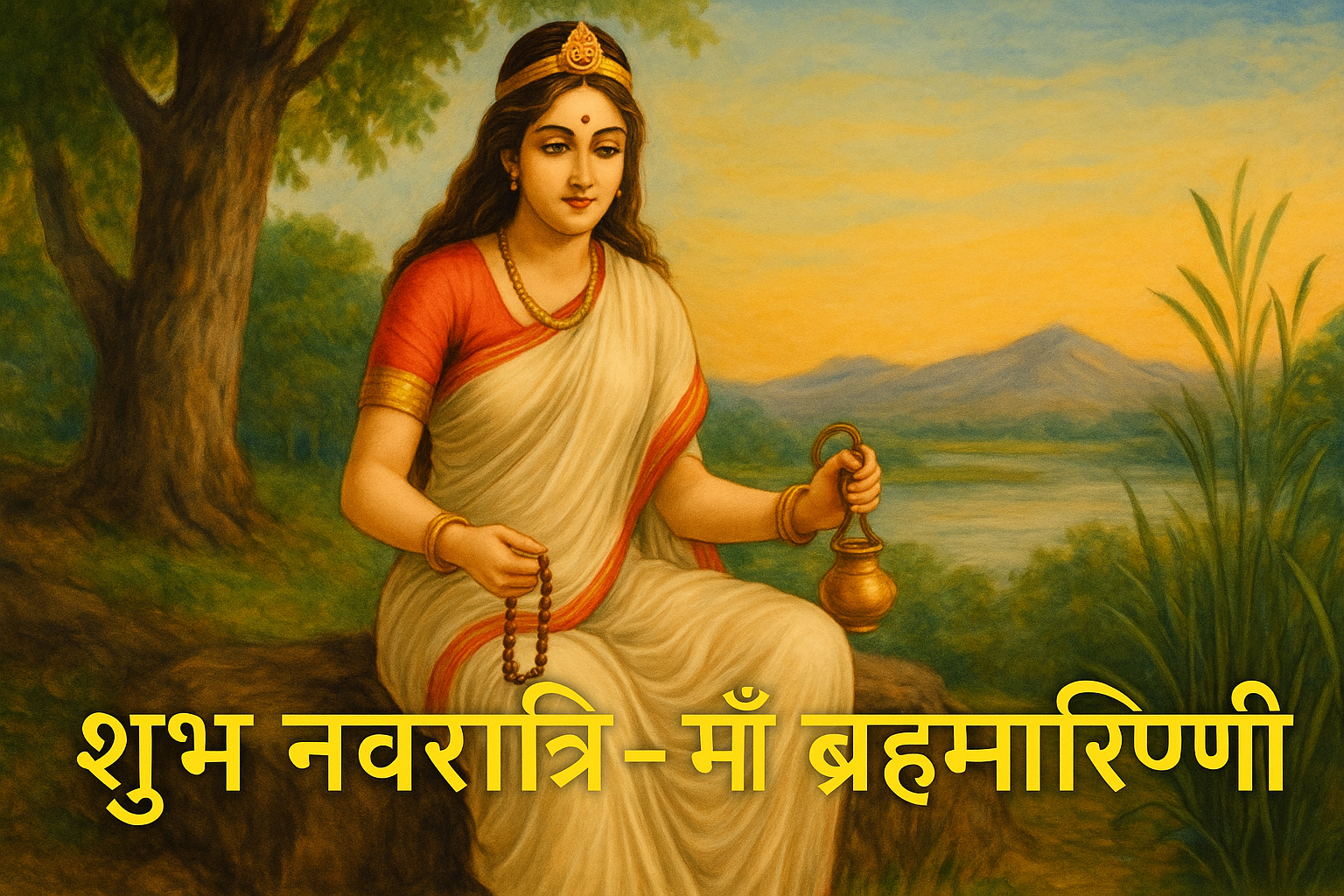Maa Brahmacharini holding a rosary and kamandalu, sitting peacefully under a tree during Shubh Navratri celebrations.
