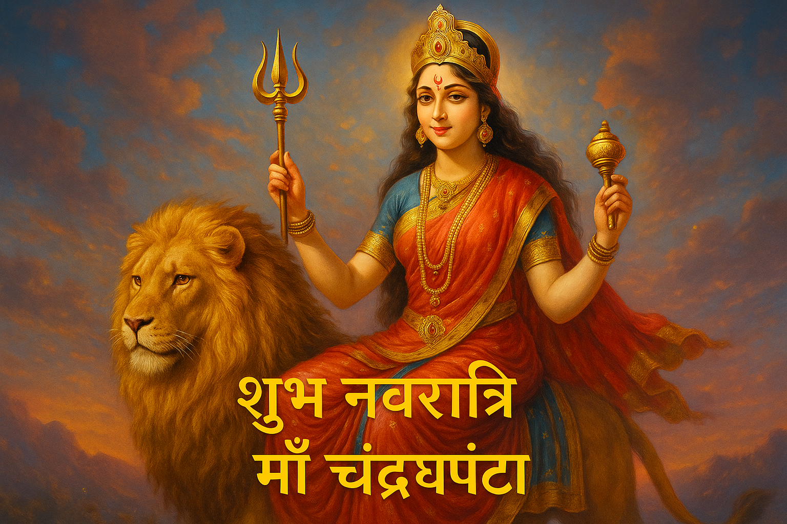 Maa Chandraghanta riding a lion with trident and bell, vibrant Shubh Navratri celebration text in Lora font with shadow effect.