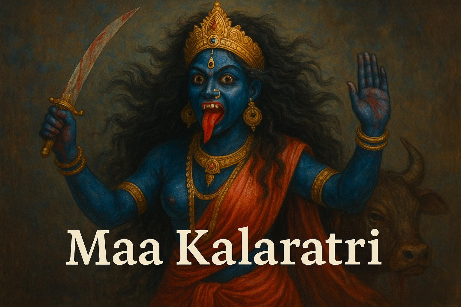 Colorful HD image of Maa Kalaratri in a creative real style with bold Lora font and shadow text effects.