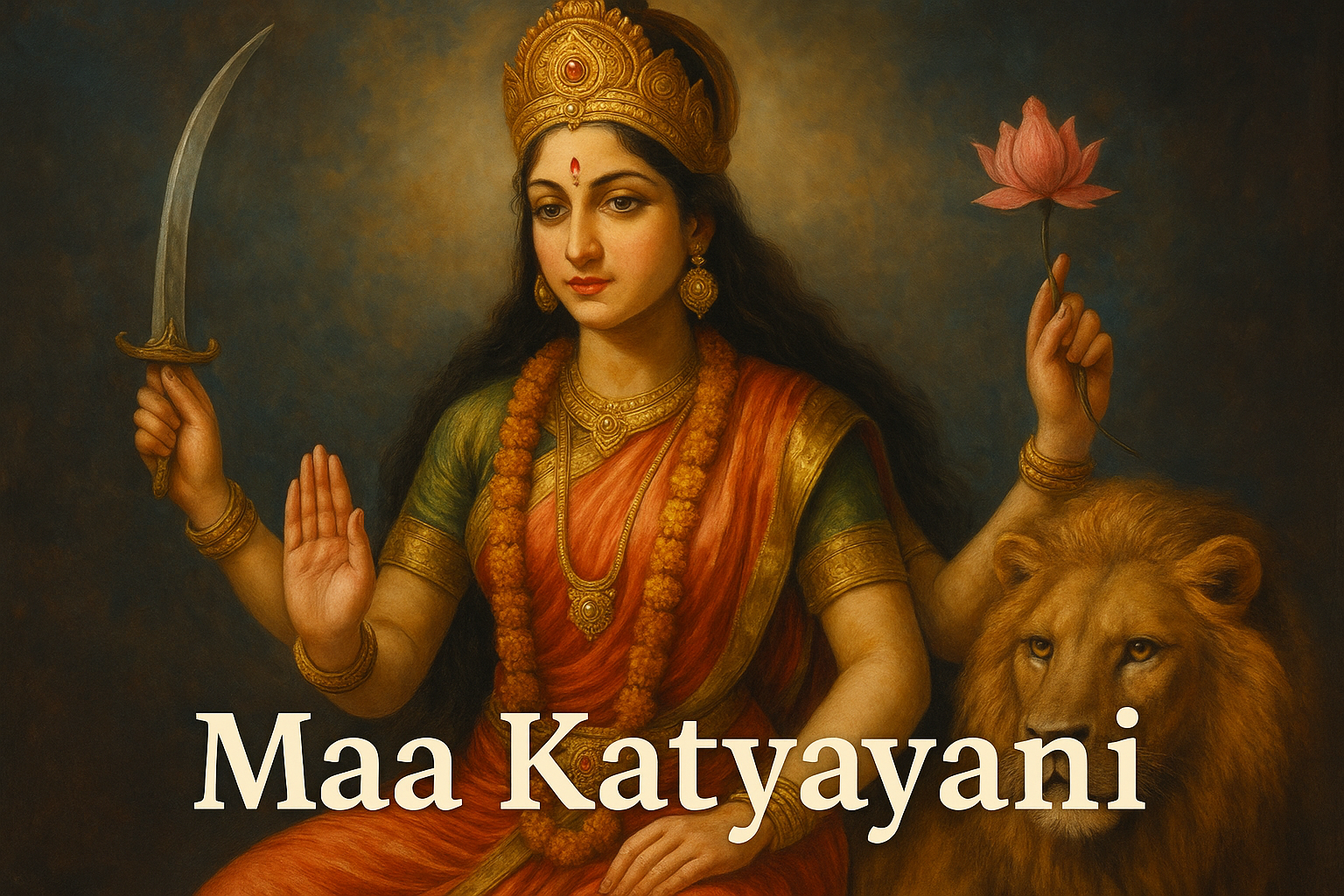 Colorful HD image of Maa Katyayani with creative text in Lora font and shadow effects.