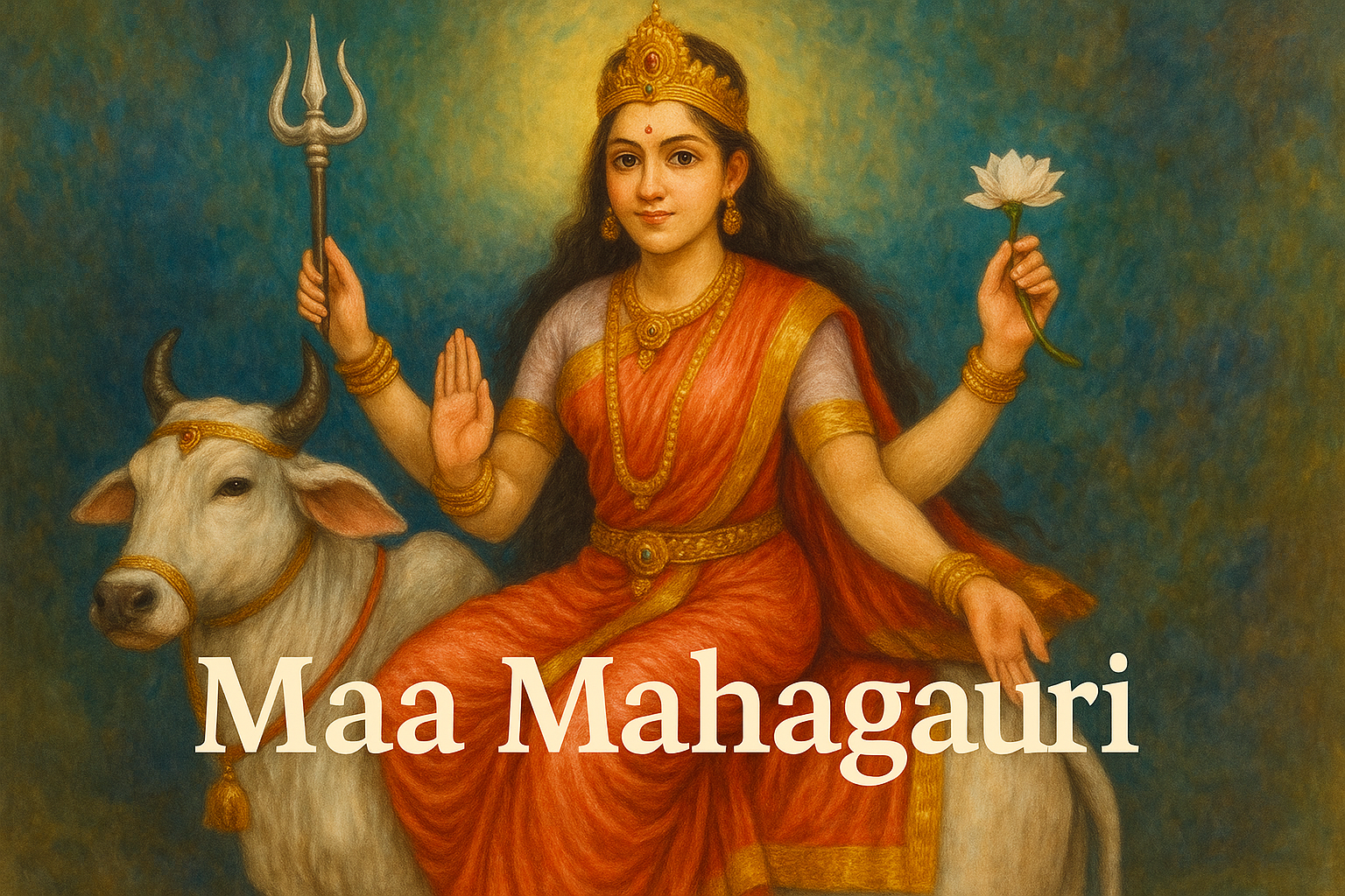 Colorful HD image of Maa Mahagauri with elegant real design, featuring bold Lora font and shadow effects.