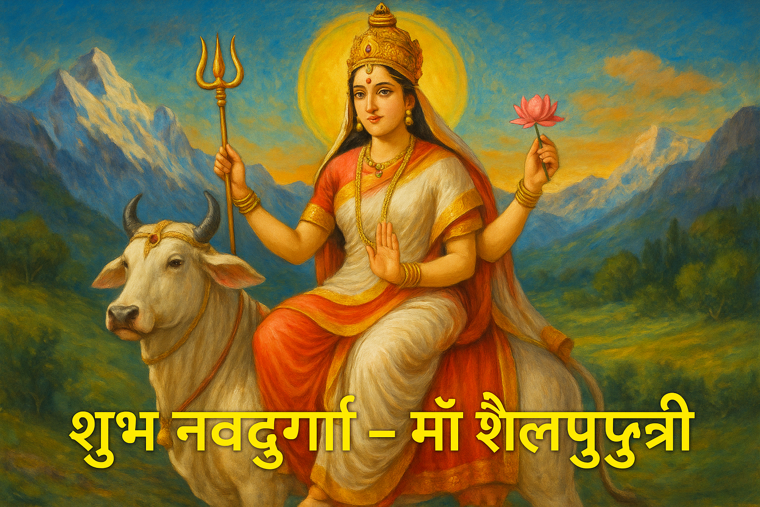 Maa Shailaputri riding a white bull with mountain background, festive शुभ नवरात्रि - माँ शैलपुत्री text in Lora font.
