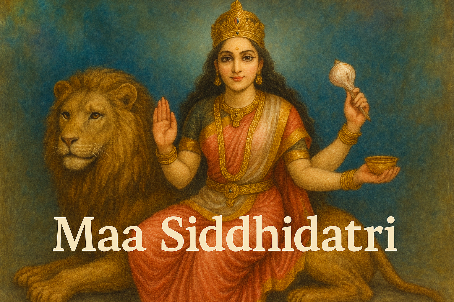 Colorful HD image of Maa Siddhidatri with vibrant real style, Lora font highlighted text, and elegant shadow effects.