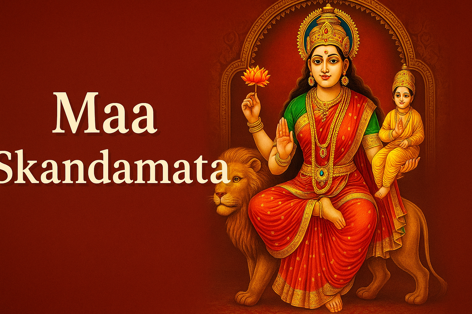 Colorful depiction of Maa Skandamata holding Lord Skanda, seated on a lion, with a vibrant red and gold background.