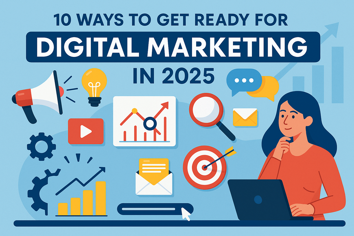 Colorful digital illustration showing tools and tips for digital marketing in 2025 with a female marketer at a laptop.