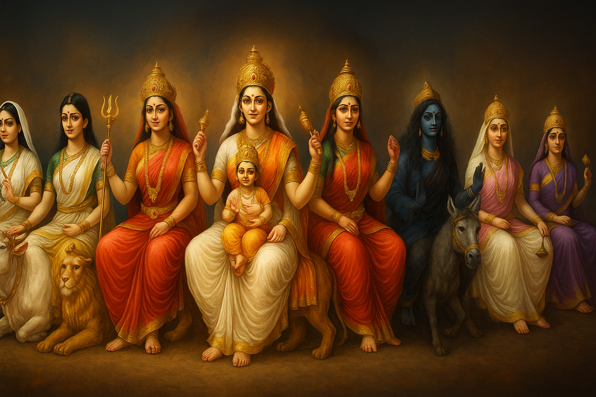 Colorful realistic painting of nine Navratri goddesses seated together with their divine vehicles.