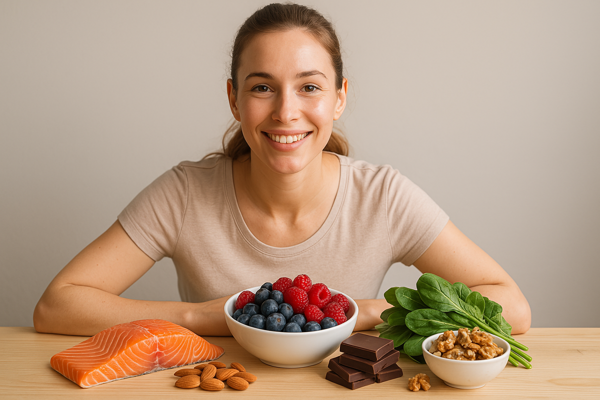 A healthy young woman sitting at a table with salmon, nuts, fruits, and vegetables promoting brain and heart health.