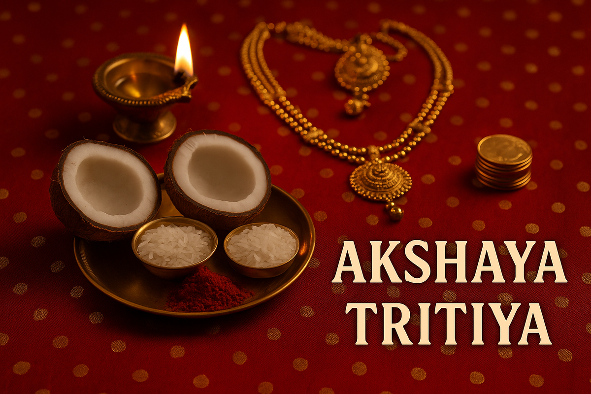 Traditional Akshaya Tritiya celebration setup with coconut, rice, gold jewelry, coins, and diya on festive red cloth.