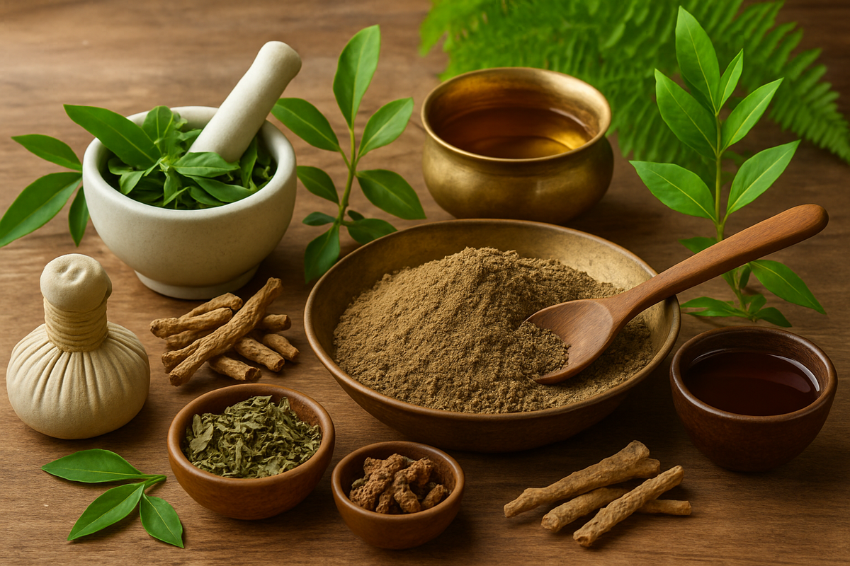 Ayurvedic herbs and oils displayed on a wooden table with green leaves and natural ingredients.