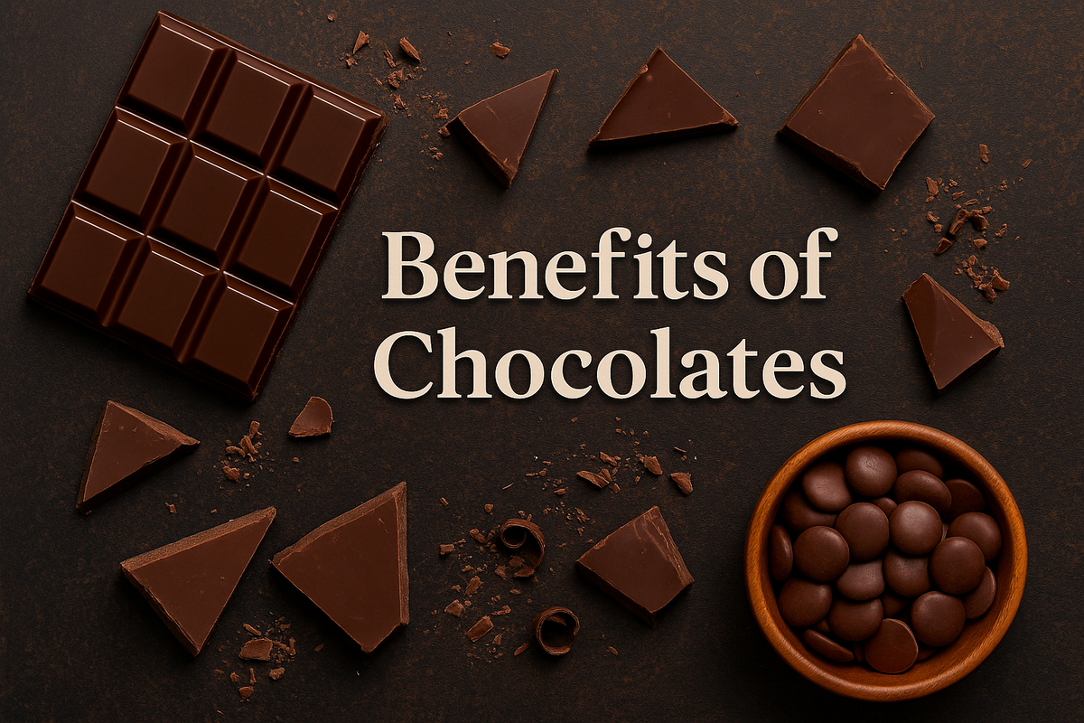 A digital photograph showcasing dark chocolate pieces and text "Benefits of Chocolates" in Lora font with shadow effect.