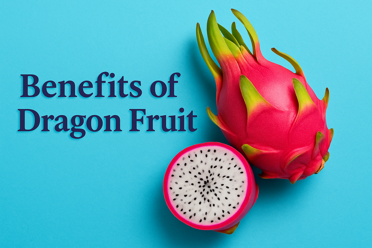 Colorful dragon fruit with "Benefits of Dragon Fruit" text in Lora font on blue background.