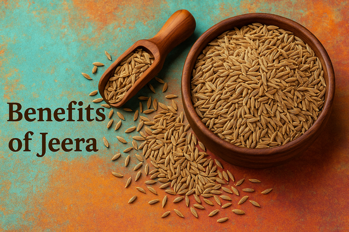 Bowl and scoop of cumin seeds with text "Benefits of Jeera" on colorful textured background