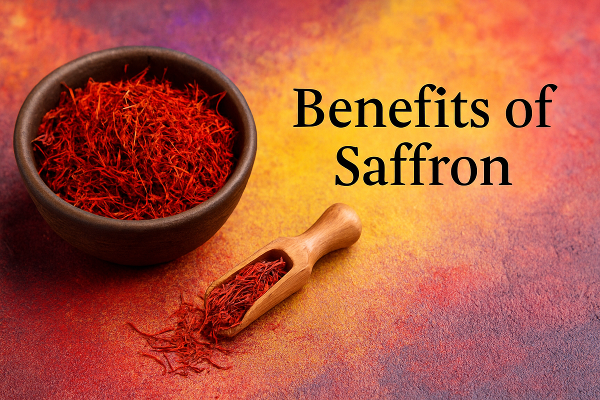 Wooden bowl and scoop filled with saffron on a colorful textured background with "Benefits of Saffron" text.