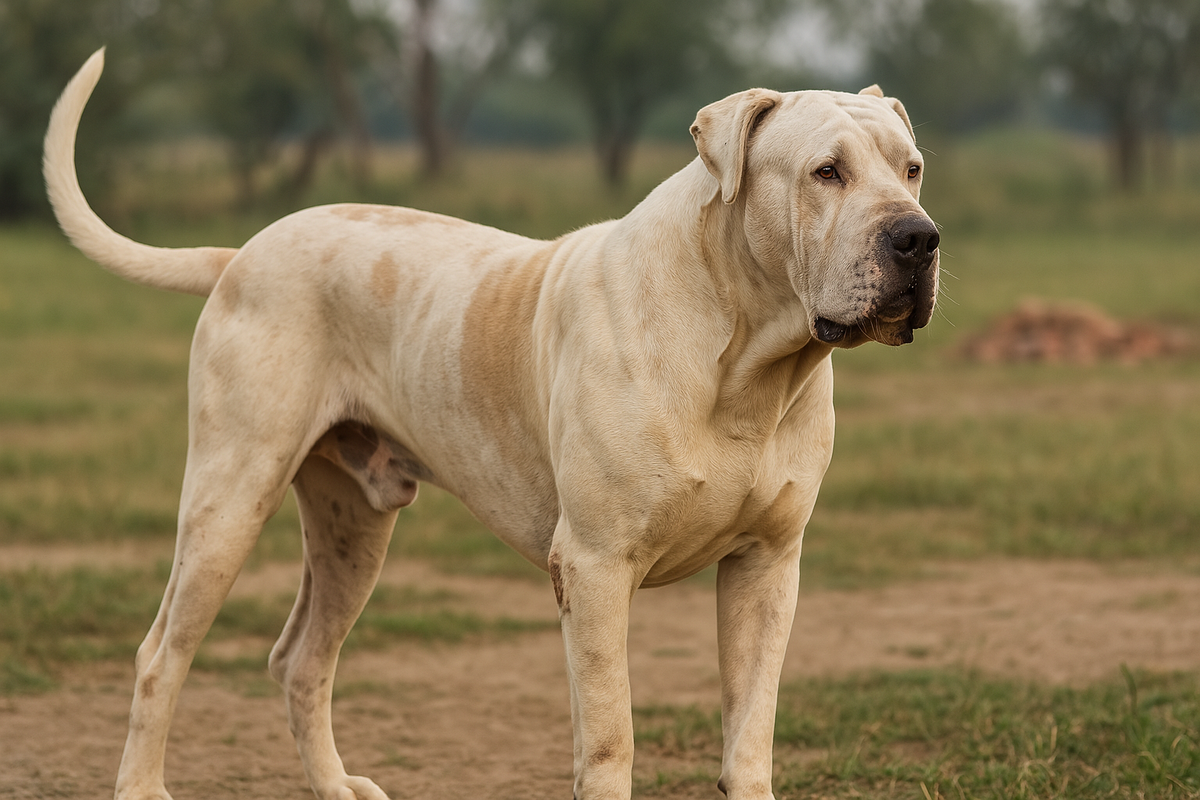 Powerful Bully Kutta standing in a field showcasing muscular build and alert posture.