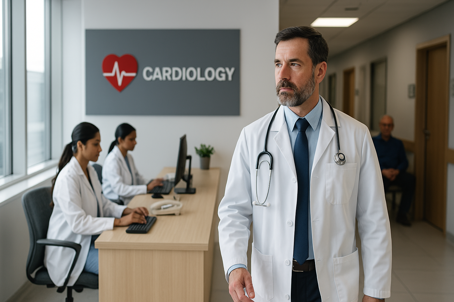 Cardiologist walking in hospital corridor with reception desk and waiting area visible.