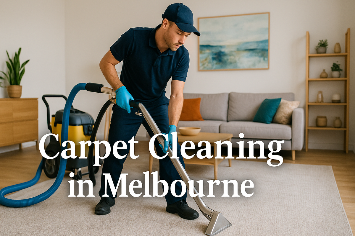 Professional carpet cleaner in Melbourne using equipment to clean a modern living room carpet during daytime.