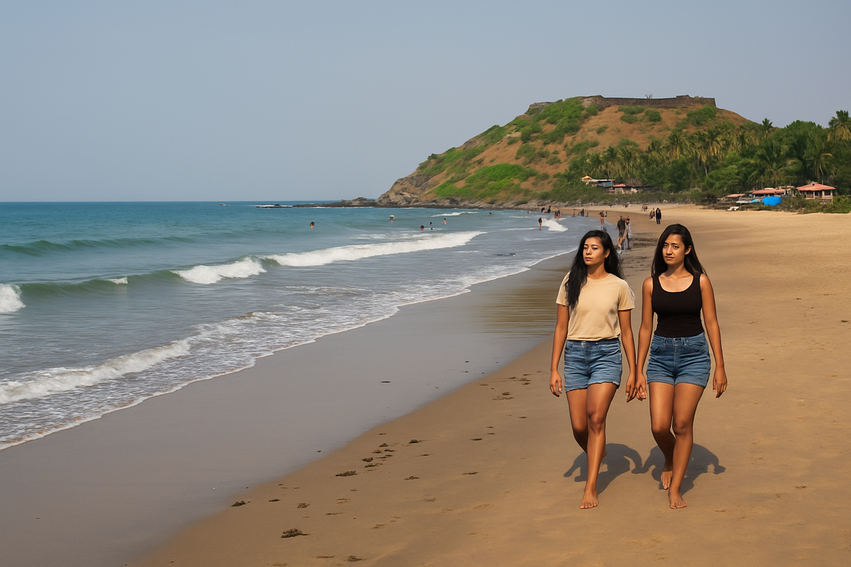 Indian women walking on Chapora Beach in Goa on a sunny day.