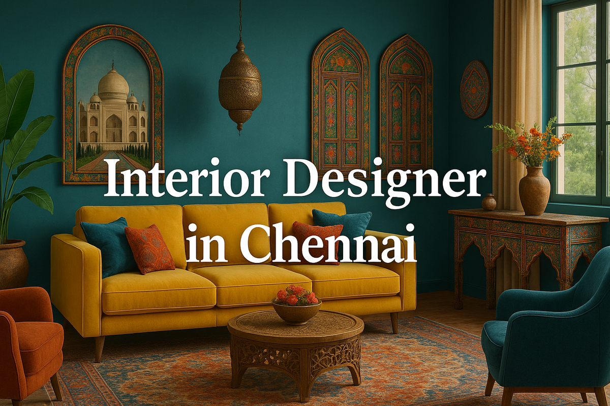 "Vibrant Chennai living room with mustard sofa, teal walls, and ornate decor by a top interior designer."