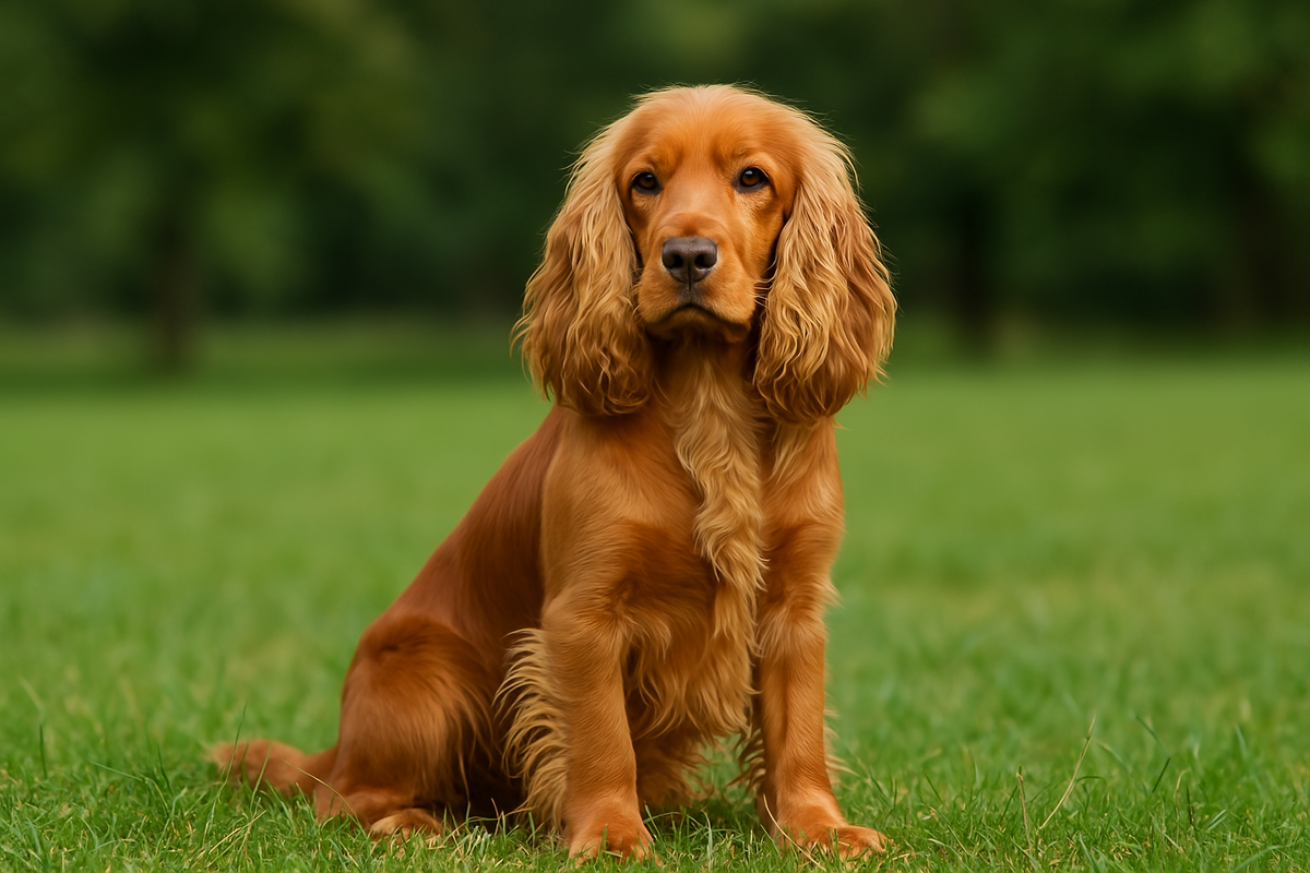 Golden Cocker Spaniel sitting on grass in natural daylight, looking calm and elegant