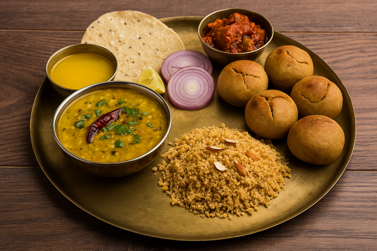 Traditional Indian thali with Dal Baati Churma, ghee, pickles, and sliced onions on a brass plate.