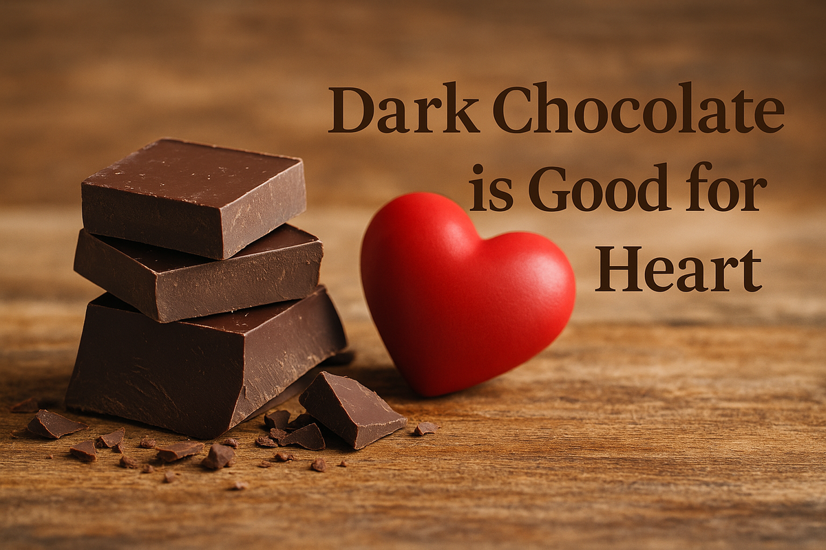 Dark chocolate squares with a red heart on wood, symbolizing heart health benefits of dark chocolate.