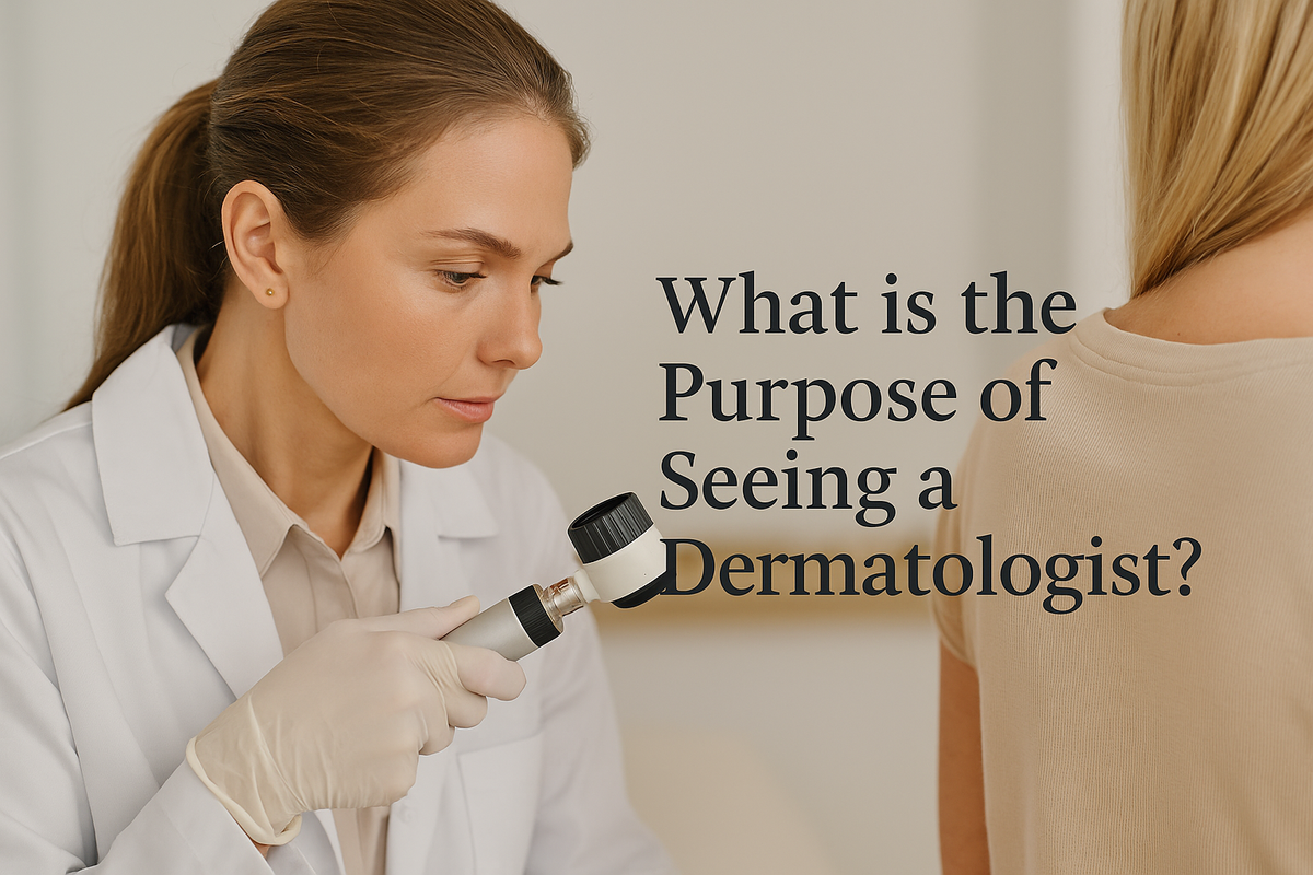 Female dermatologist examining a patient's back with a dermatoscope, "What is the Purpose of Seeing a Dermatologist?"