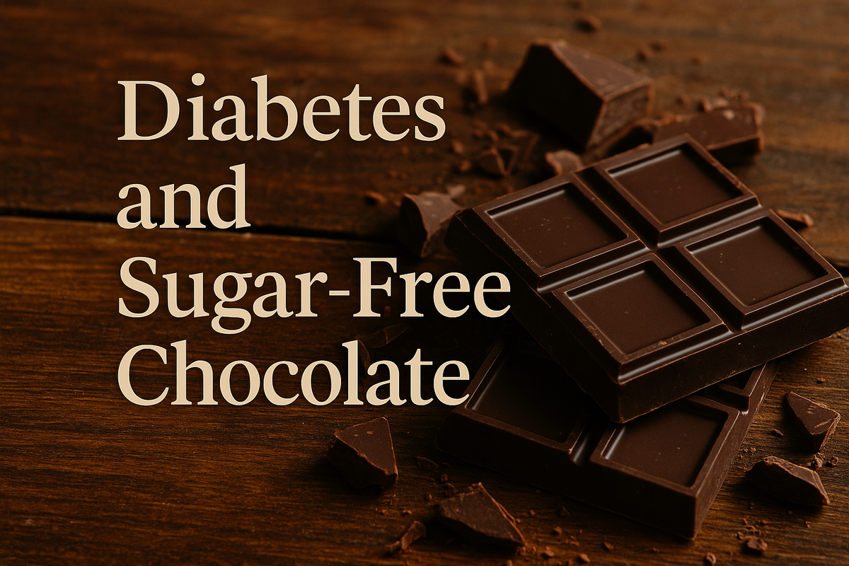 Sugar-free dark chocolate pieces on rustic wood, perfect for diabetes-friendly diets and healthy snacking.