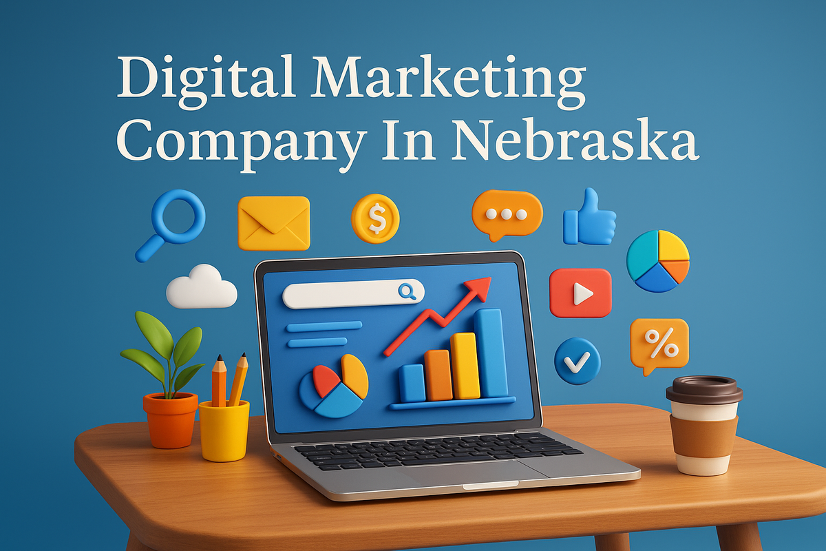 3D workspace of a digital marketing company with laptop and colorful analytics icons on desk.