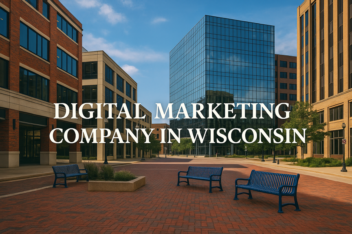 Modern business plaza in Wisconsin with text 'Digital Marketing Company in Wisconsin' in stylish Lora font.