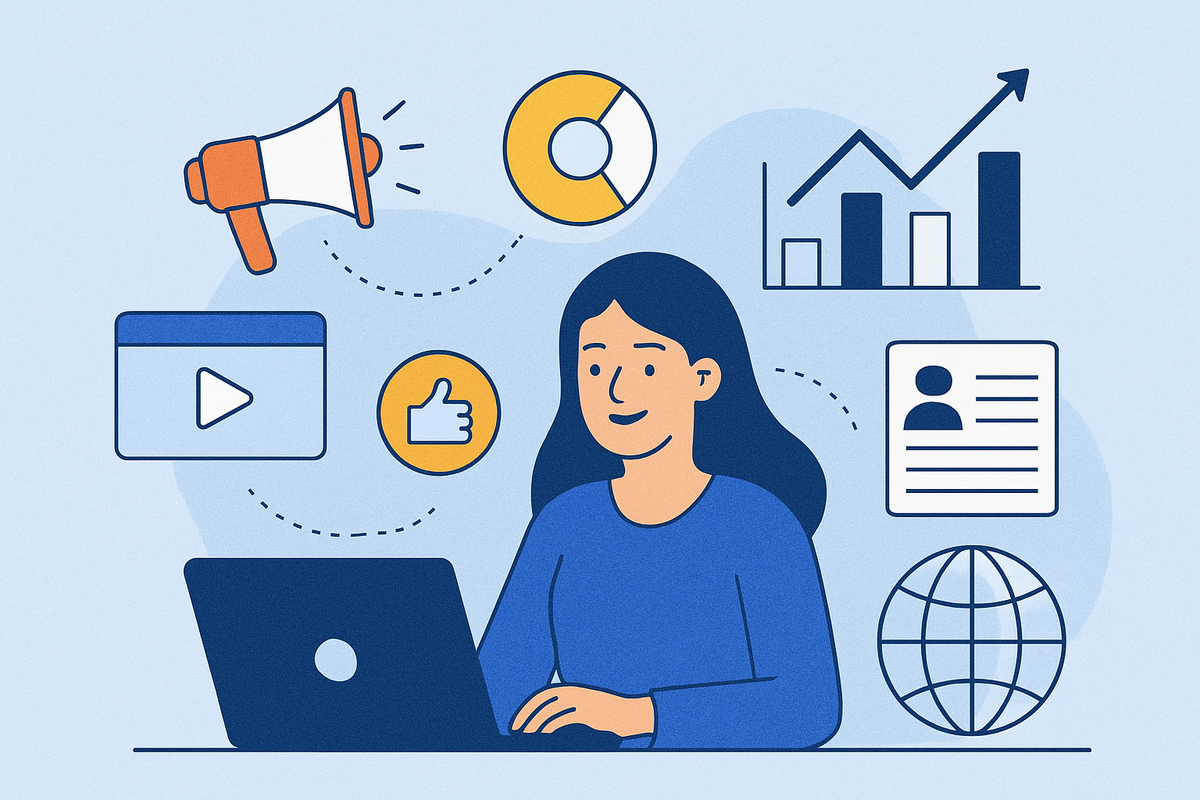 Digital marketer at laptop with analytics icons, symbolizing top Nevada digital marketing company.
