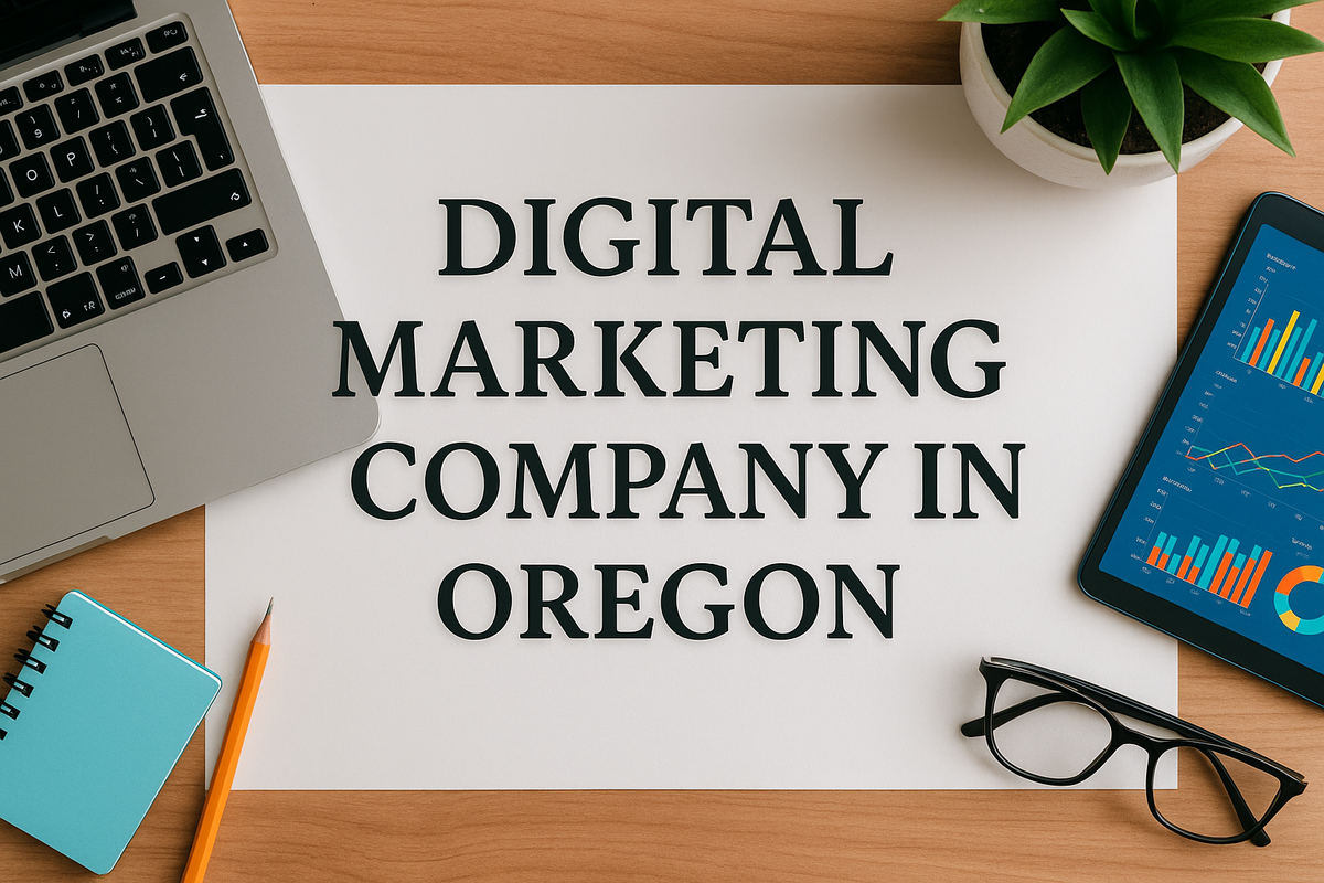 Digital marketing agency workspace with laptop, charts, and "Digital Marketing Company in Oregon" text