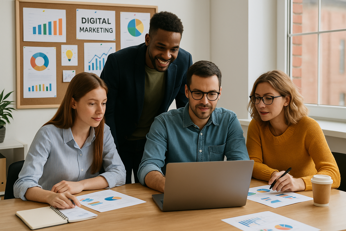 Team of digital marketers collaborating in a modern Rhode Island office.