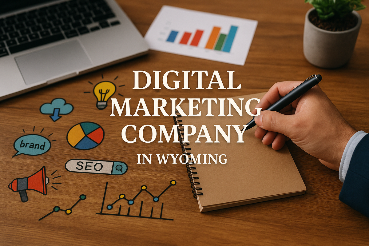 Digital marketing company setup with colorful icons and graphs on a wooden desk in Wyoming.