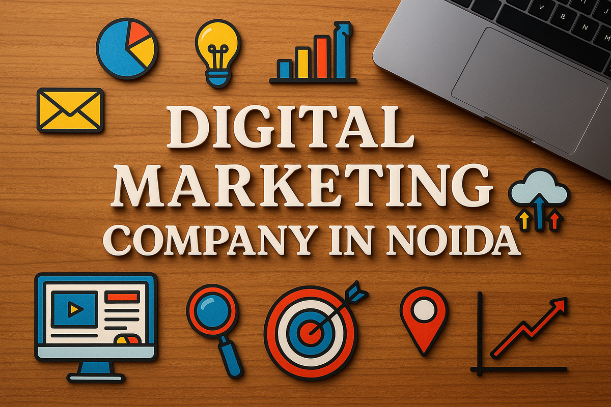 Digital marketing company in Noida with creative icons and shadow text on wood background