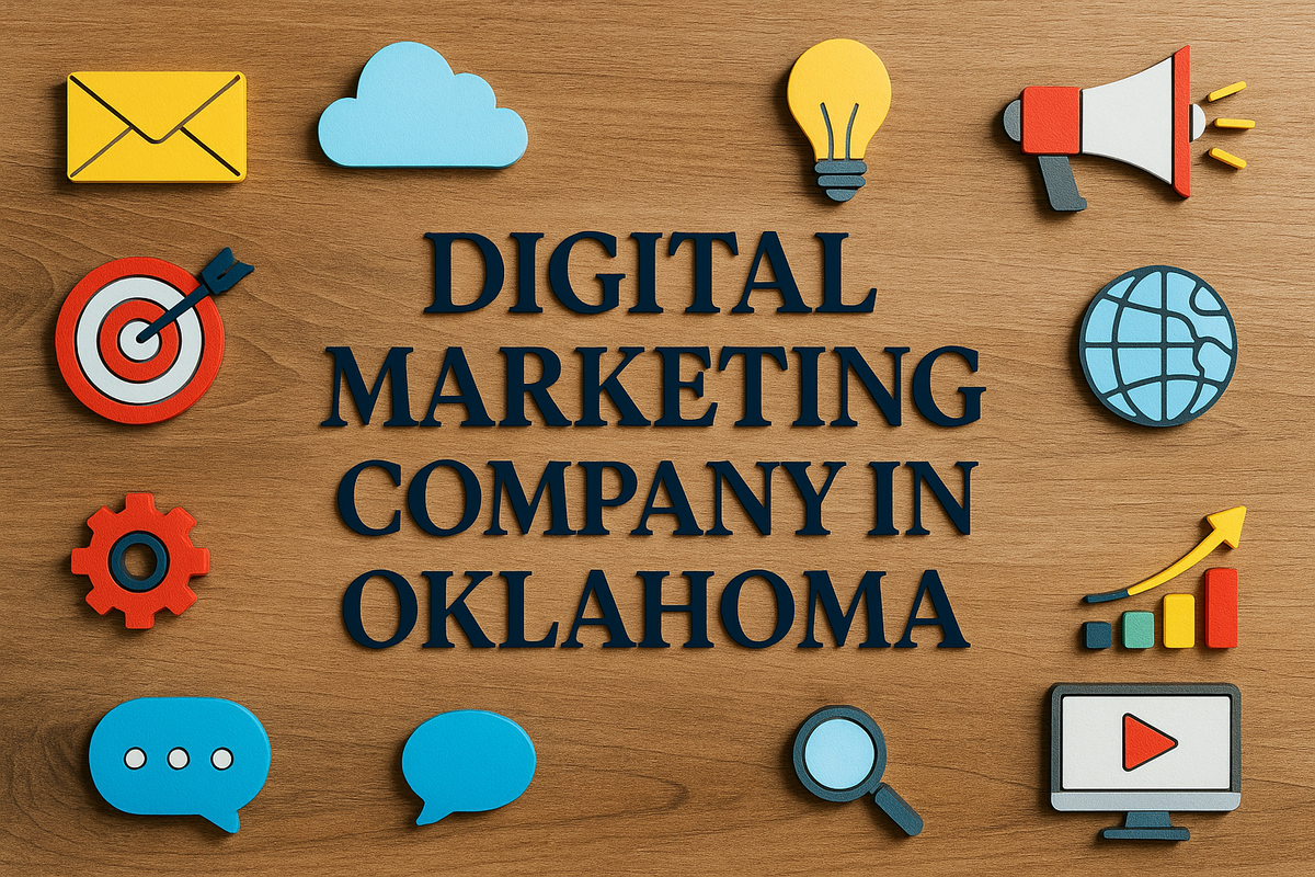 Digital marketing company in Oklahoma concept with icons on wood background.