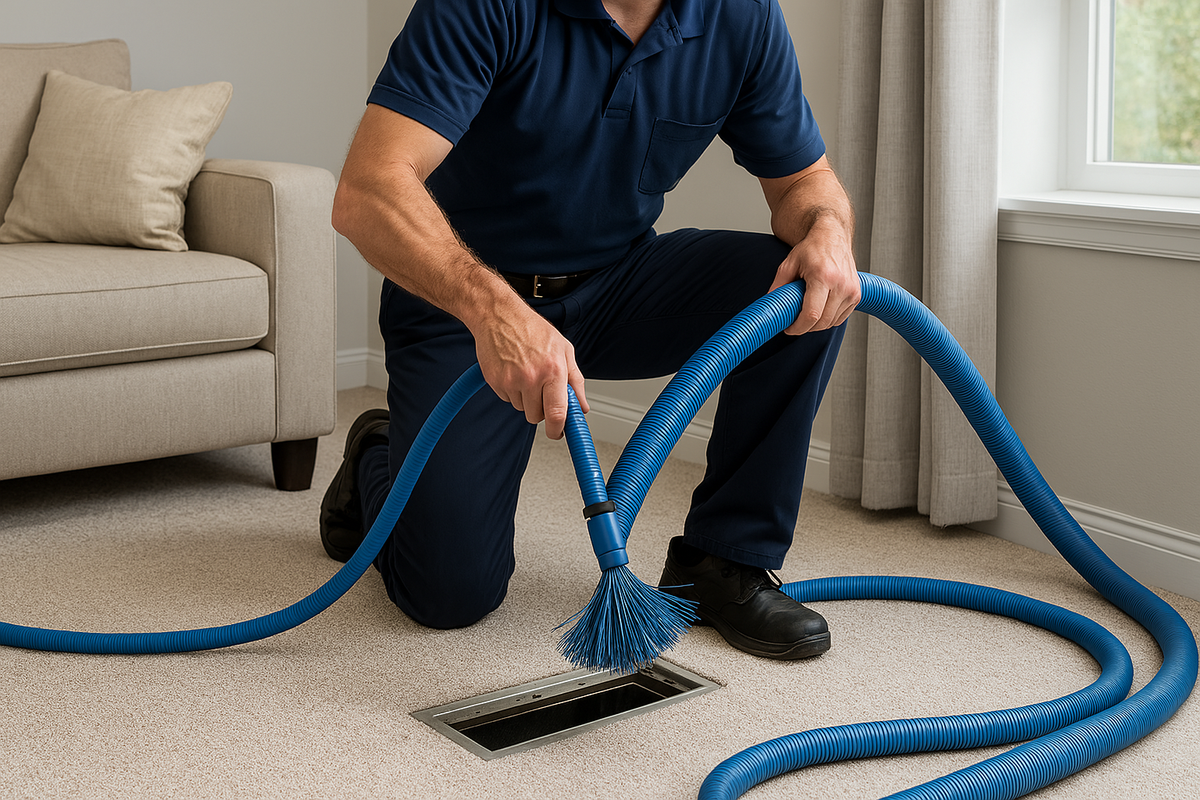 Technician cleaning a floor duct with vacuum hose in a modern Mernda living room.