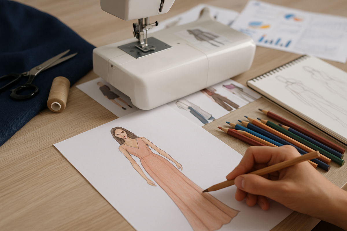 Fashion designer sketching a peach gown beside sewing tools and machine on wooden desk.