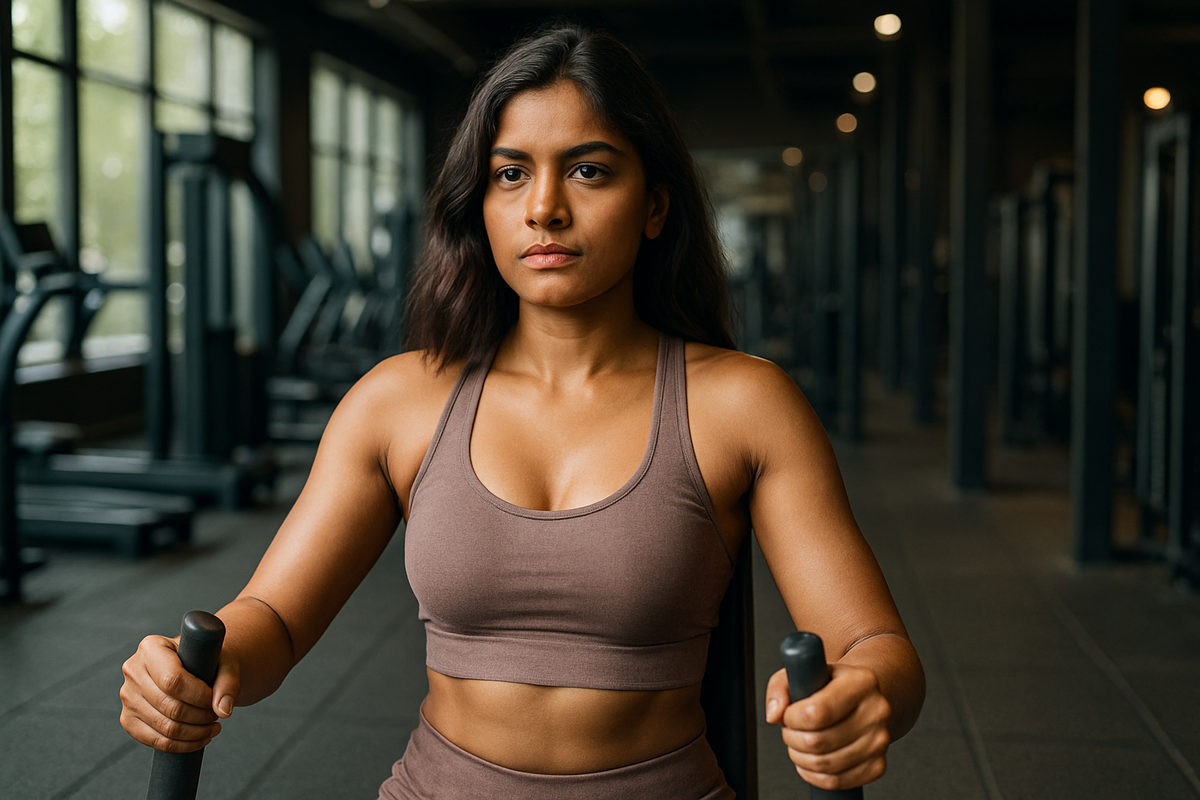 Fit Indian woman working out on seated row machine in a modern gym.