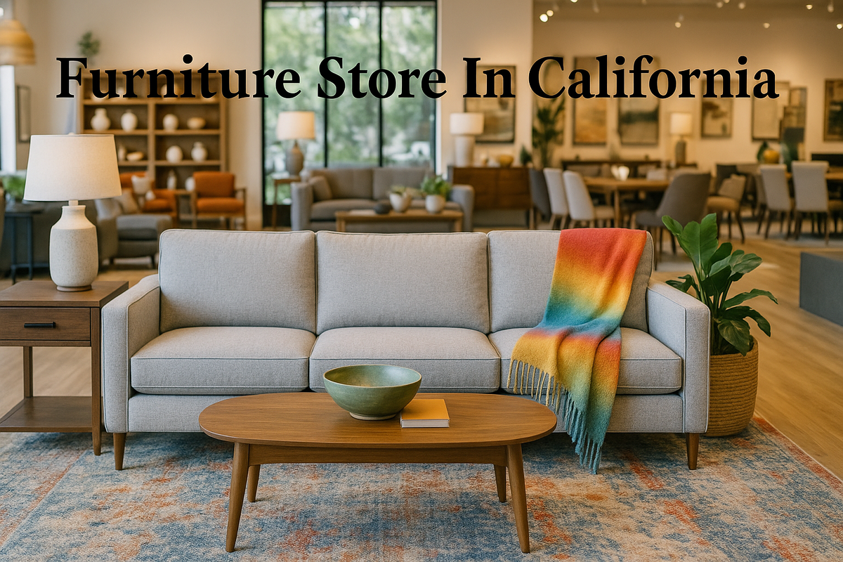 Modern furniture store in California featuring colorful decor, a gray sofa, and stylish interior design.