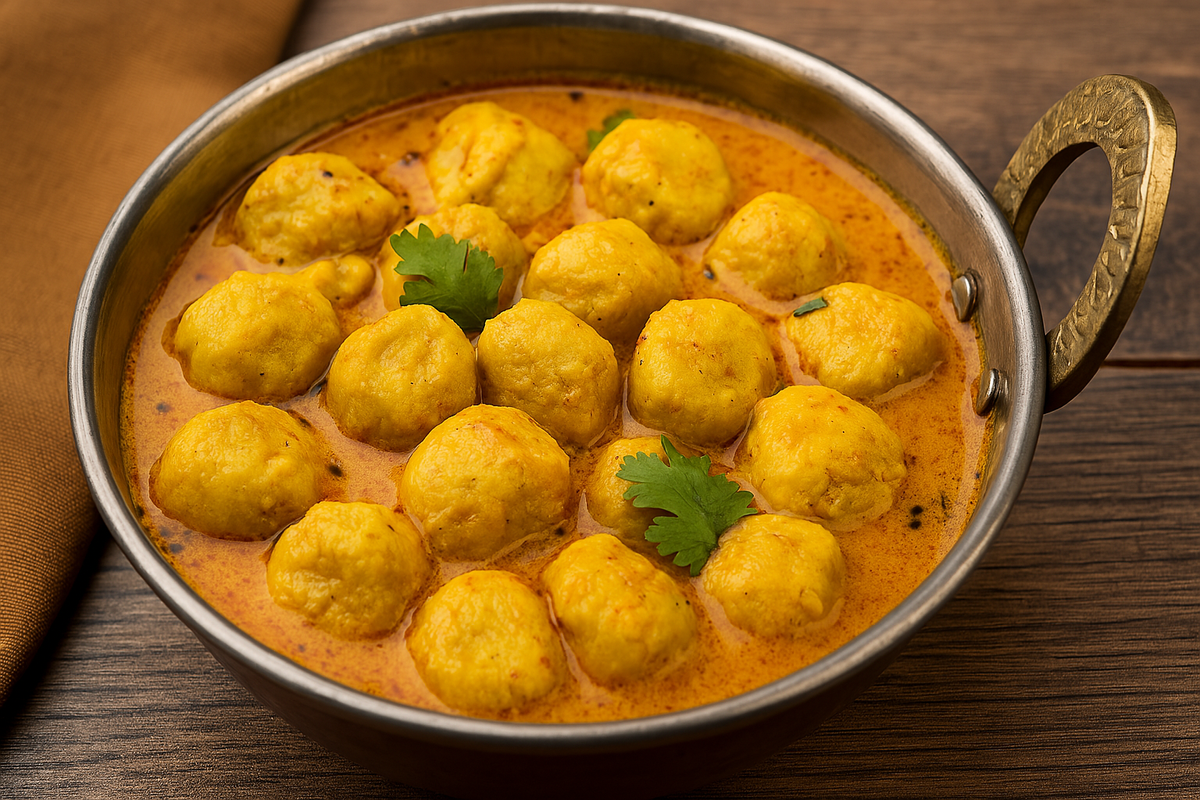 Gatte Ki Sabzi in a traditional bowl with spicy curry and fresh coriander leaves.