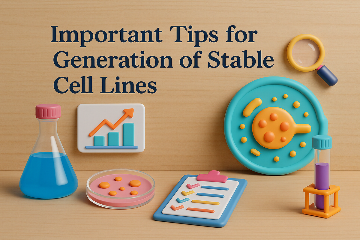 Colorful 3D illustration of lab equipment and tips for generating stable cell lines on a wooden background.