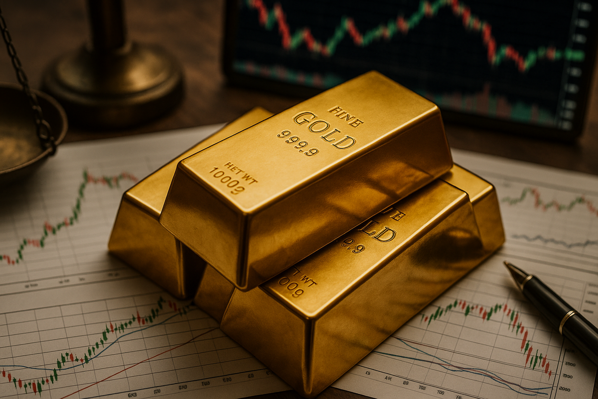 Gold bars on financial charts with market graph and balance scale.