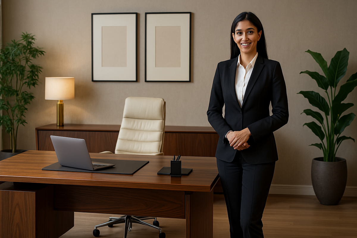 Stylish Indian saleswoman standing beside luxury office furniture in a modern corporate setting.