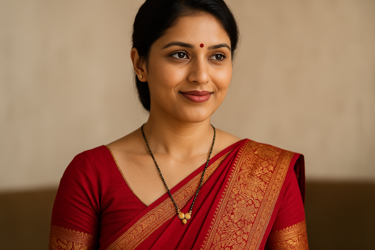 Indian woman in red saree wearing mangalsutra necklace with traditional jewelry.