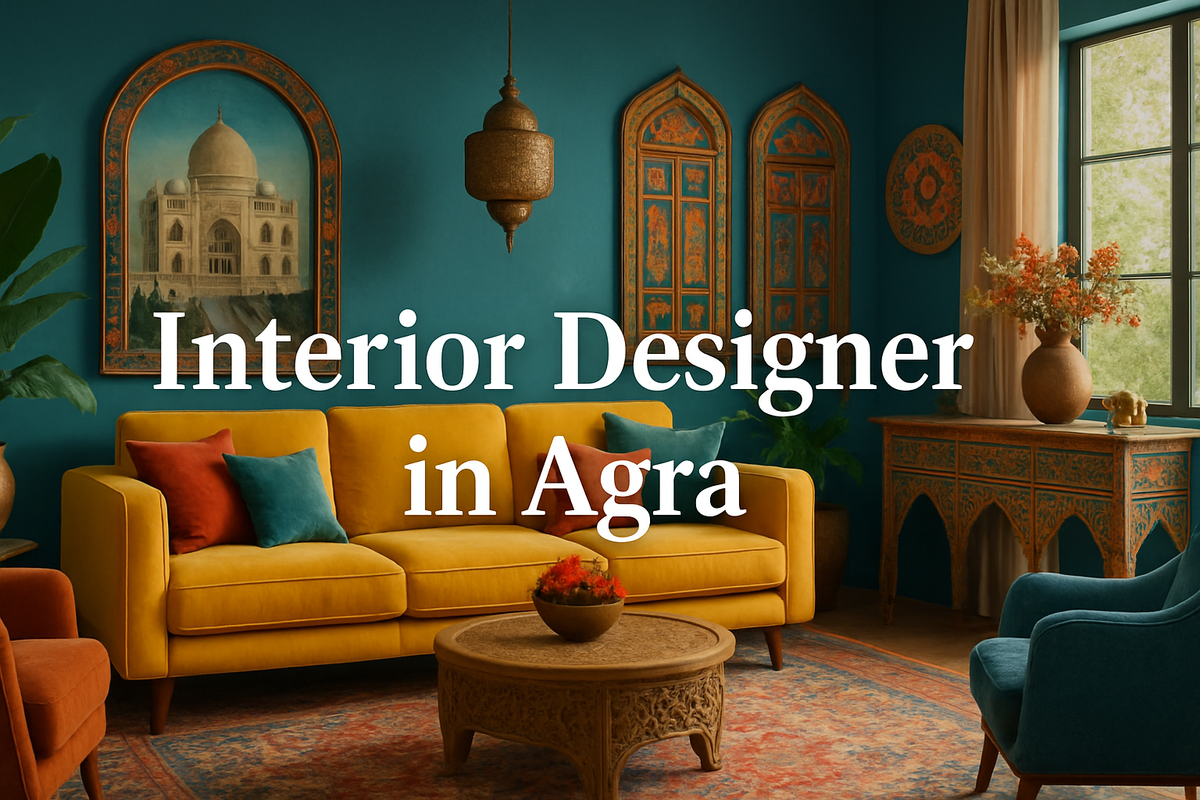 "Colorful living room by Interior Designer in Agra with vibrant sofa, artistic walls, and elegant decor."