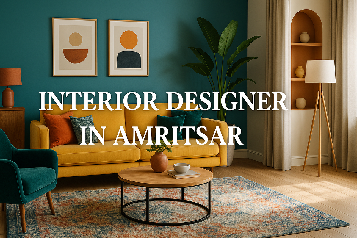 3D-rendered modern living room by an interior designer in Amritsar with stylish furniture and bold colors.