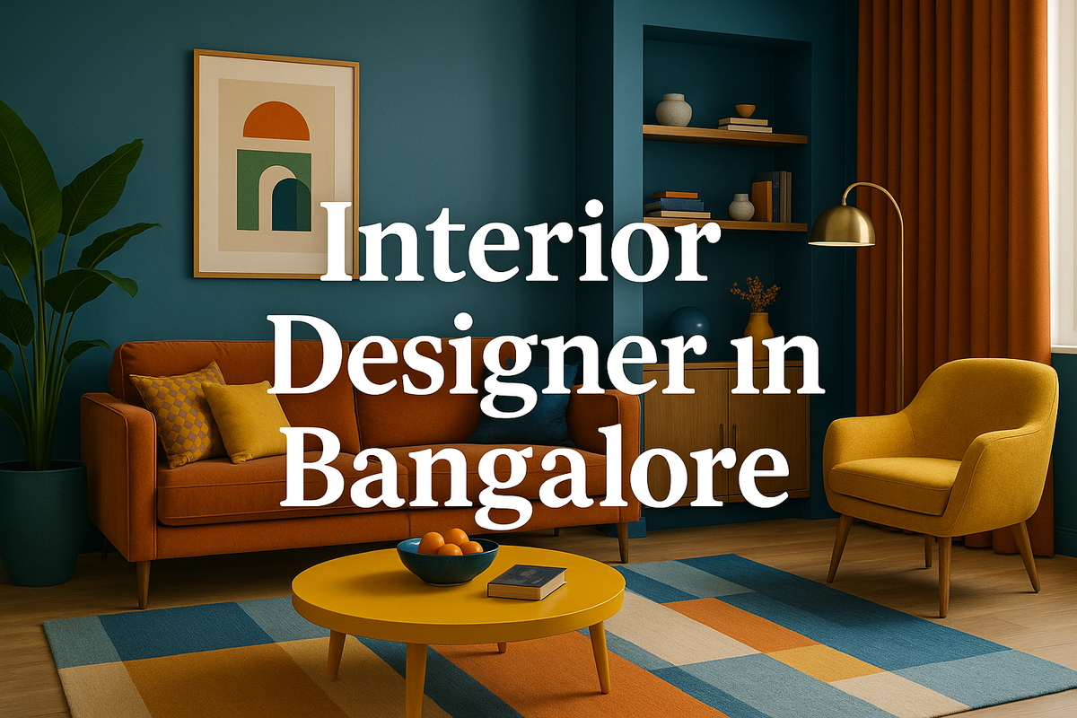 "Creative modern living room by interior designer in Bangalore with colorful decor and white Lora font text in center."