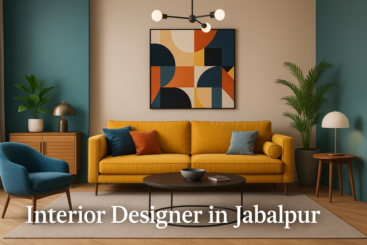 Modern 3D living room interior by designer in Jabalpur with colorful sofa, wall art, and stylish decor elements.
